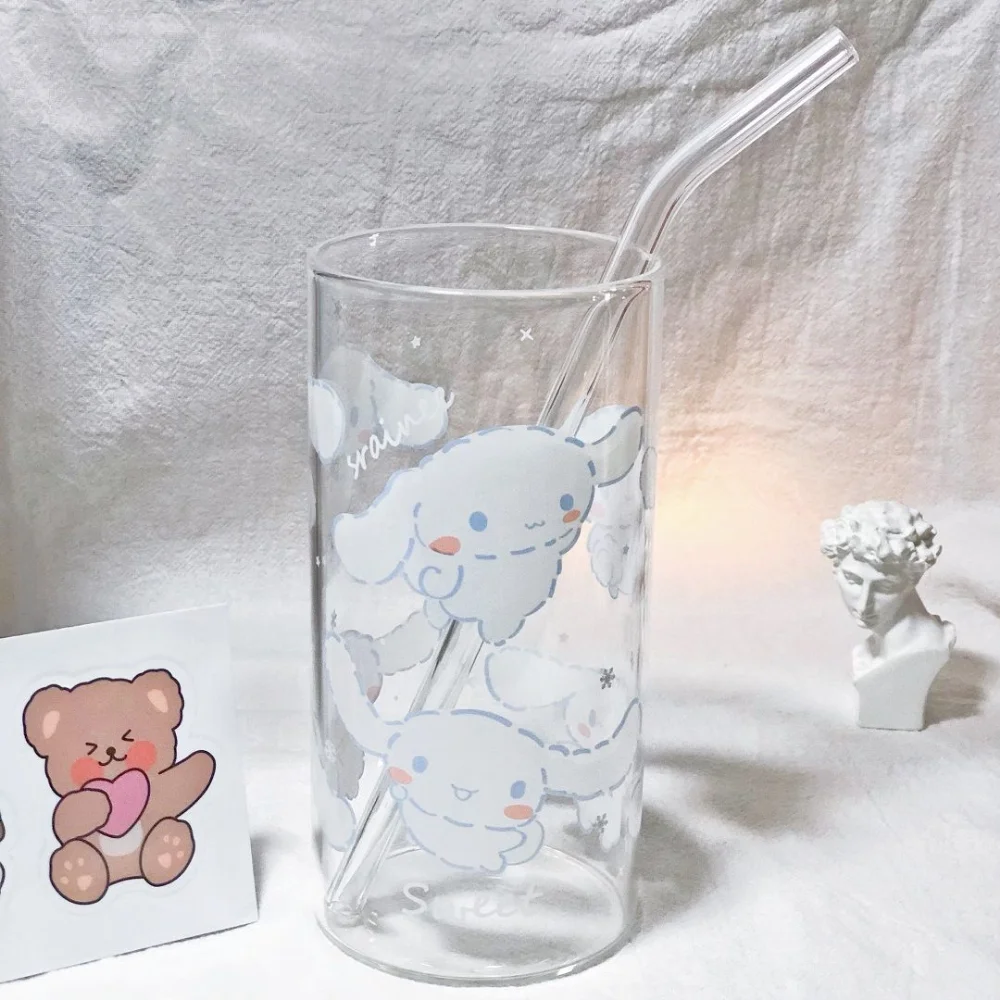 Sanrio Anime Hello Kitty Water Glass Kawaii Cartoon Cinnamoroll Kuromi  Sealed Glass Straw Cup with Lid Drink Juice Cup Girl Gift