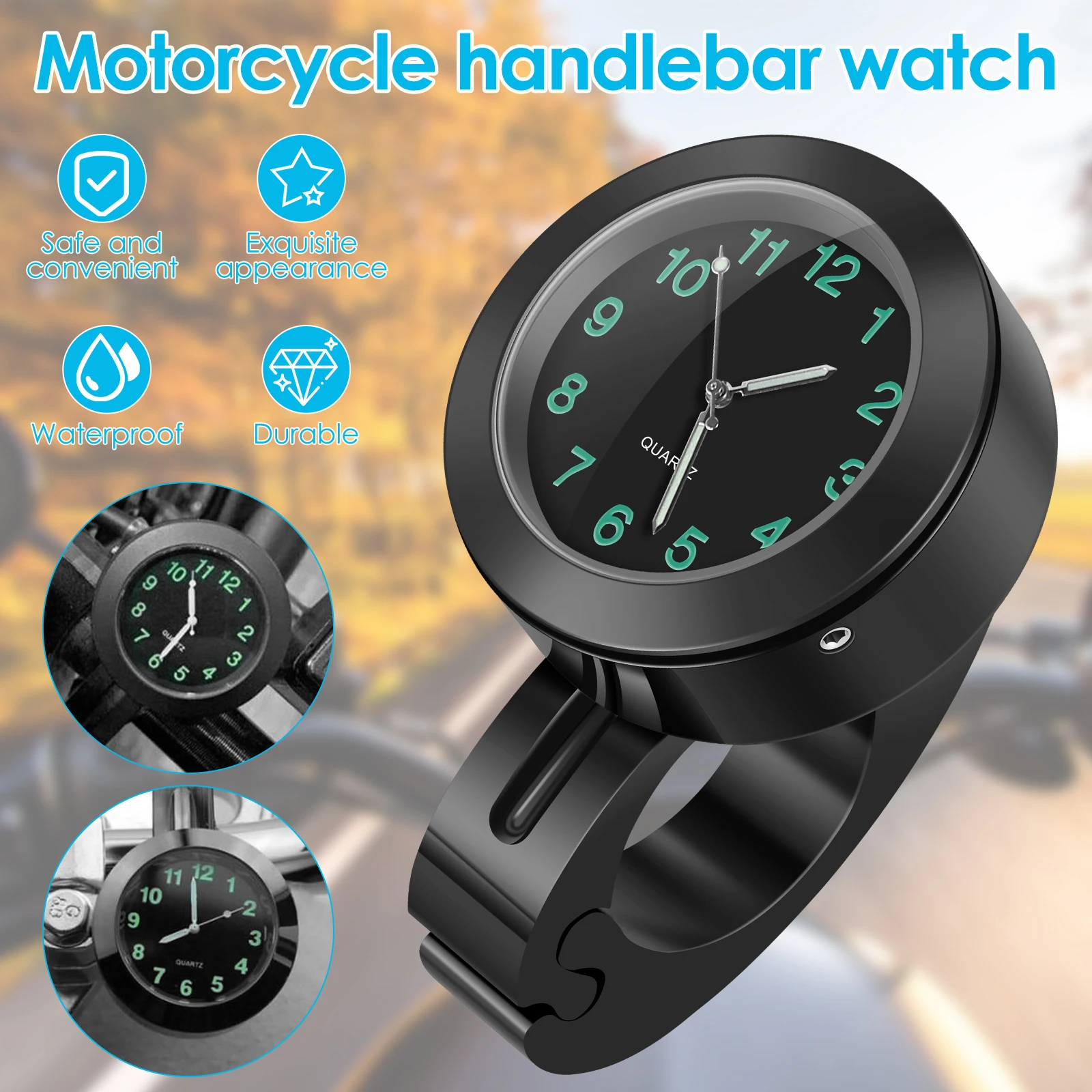 Chrome Waterproof Motorbike Handlebar Clock with Night Luminous Features