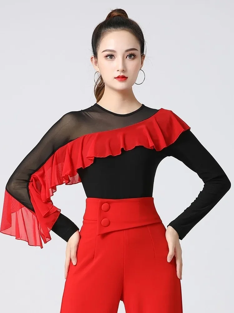 

Mesh Patchwork Street Dance Tops Festival Women Classical Practice Elegant Pole Clothing Ballet Costume Ruffle Modern Rompers