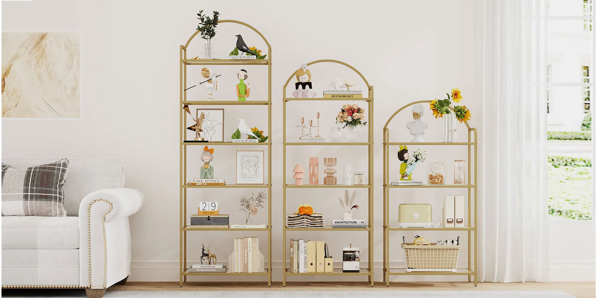 Shelf, Tempered Glass Bookcase, Slim Shelving Unit for Bedroom, Bathroom, Home Office, Steel Frame, 5 Shelves Gold