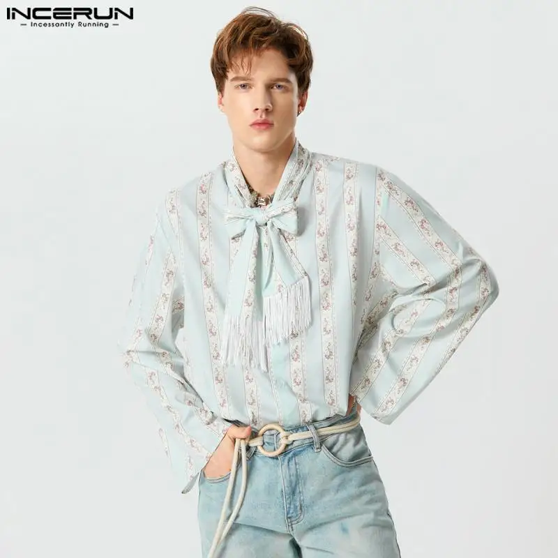

INCERUN Men Shirt Printing Tassel Lace Up Long Sleeve Streetwear Casual Men Clothing Autumn 2023 Fashion Elegant Camisas S-5XL