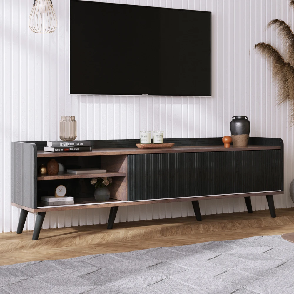 PINGGO 160 x 40 x 58 cm TV-Schrank mit 2 Schubladen und 2 Schiebetüren, schwarzer TV-Ständer in natürlicher Holzfarbe für das Wohnzimmer – Detail 6