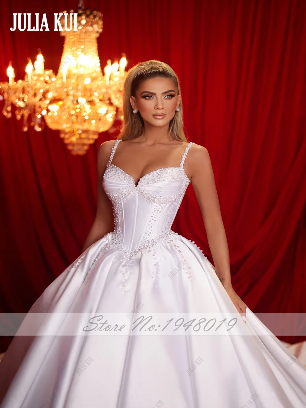 Julia Kui Vintage Beading Pearls Satin Sweetheart Ball Gown Wedding Dress With Spaghetti Straps And Backless Bridal Gowns 4