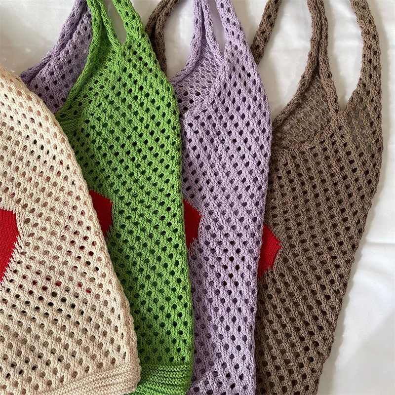 INS Korean Hyuna Flower Print Crochet Shopper Bag Knitting Hollow Out Shoulder Beach Bag Casual Laziness-Style Handbag for Women
