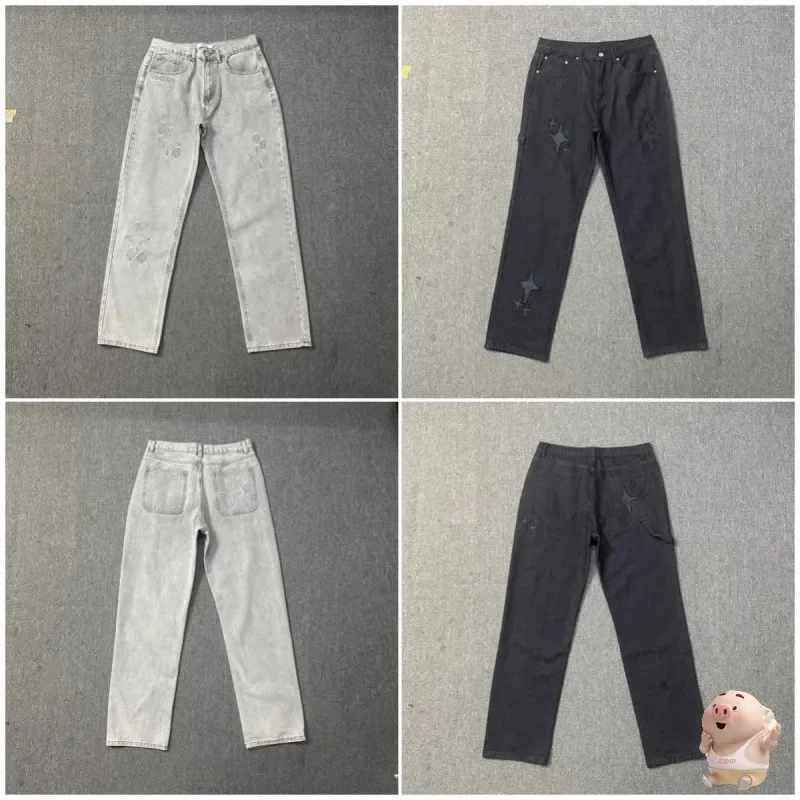 

Джинсы в стиле High Street с потертой планетой для мужчин и женщин, повседневные джинсовые брюки большого размера с вышивкой в четырех закругленных звездах