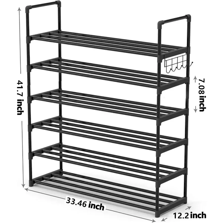 6 Tiers Metal Shoe RackAdjustable Shoe Shelf Storage Organizer with Hooks Stackable Boot Shoe Storage for Entryway Hallway Clos