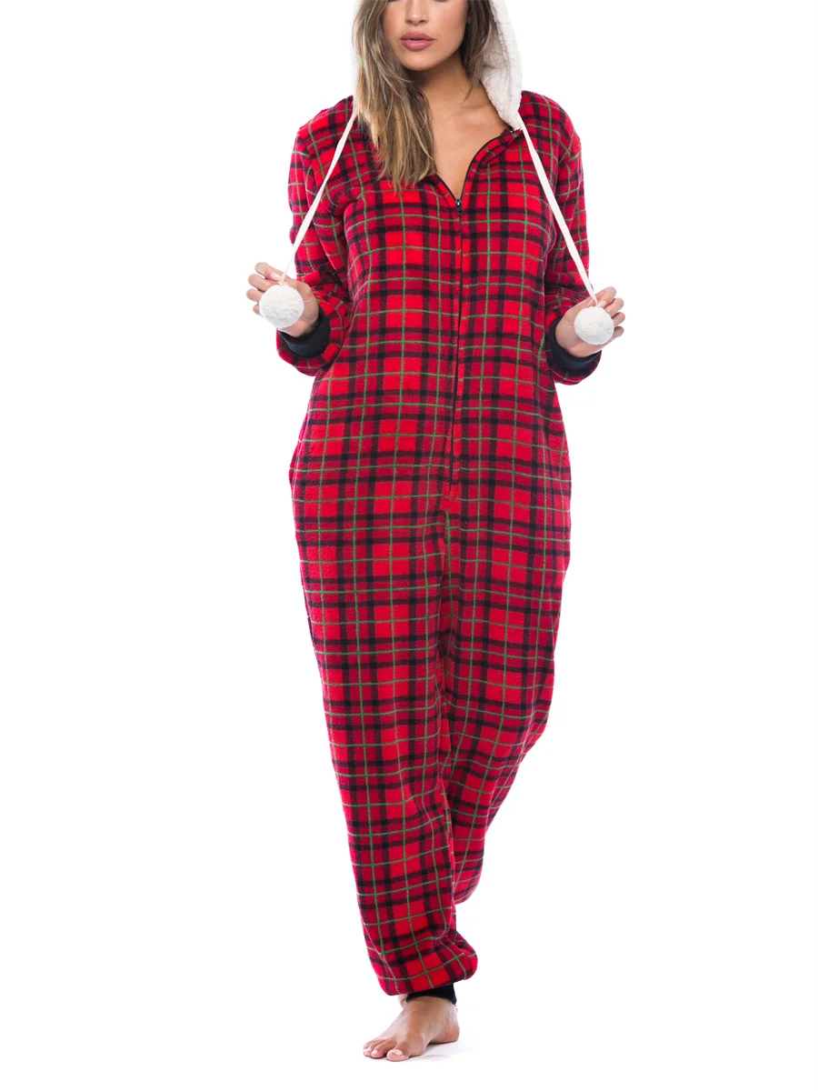 Christmas Jumpsuit Pajamas Women Plaid Print Warm Long Sleeve Sleepwear Xmas Cute Zipper Up Hooded Overall Rompers