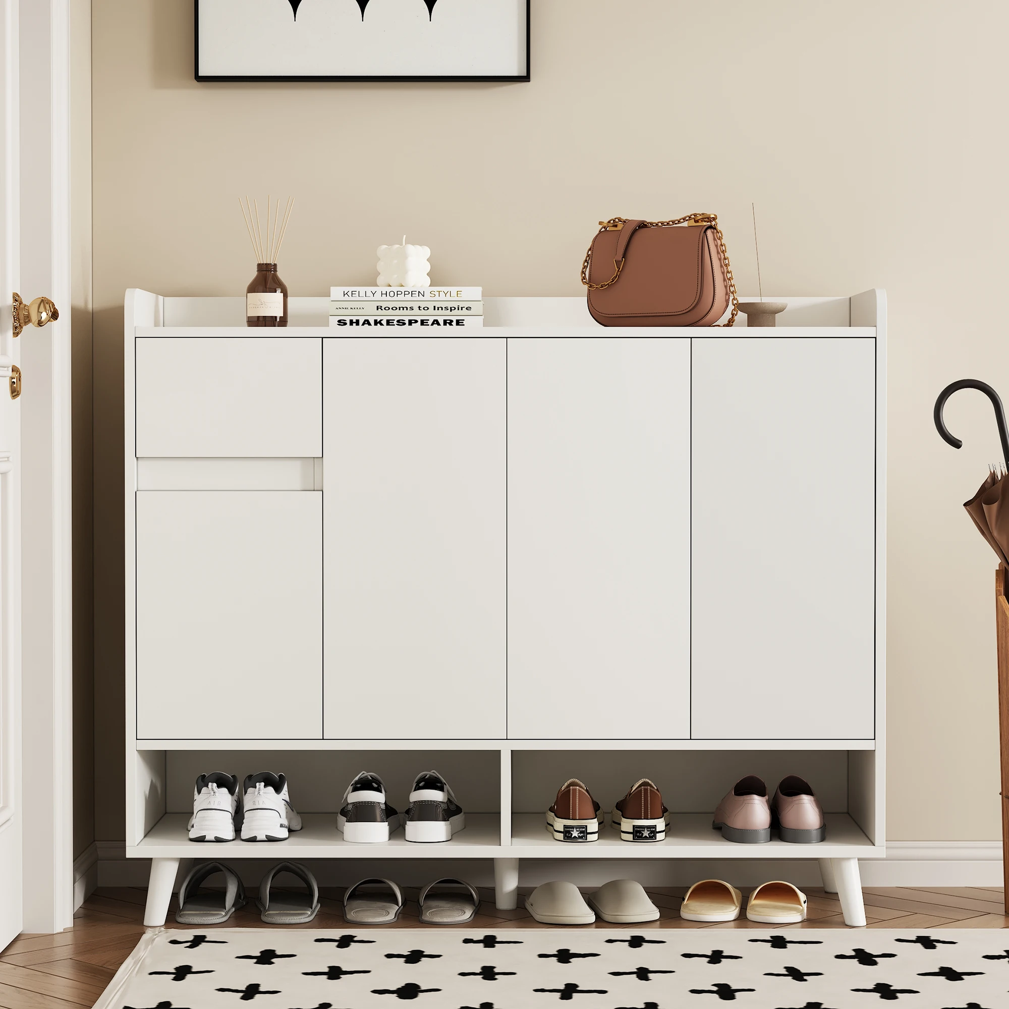 Mehrzweck-Sideboard-Schuhschrank mit Schubladen – großer Stauraum, 4-türiges Design für Esszimmer und Wohnzimmer, Heim-Organizer – Detail 1