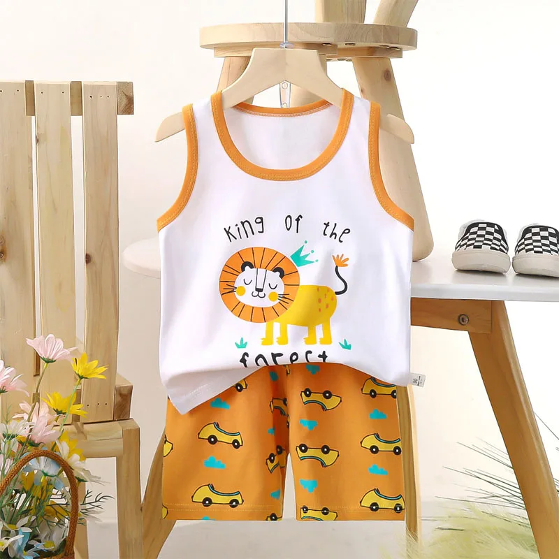 Boys Vest Set Summer Cotton Children's Sleeveless Cartoon Wool Comfort Class A Thin Two-piece for 6-9months