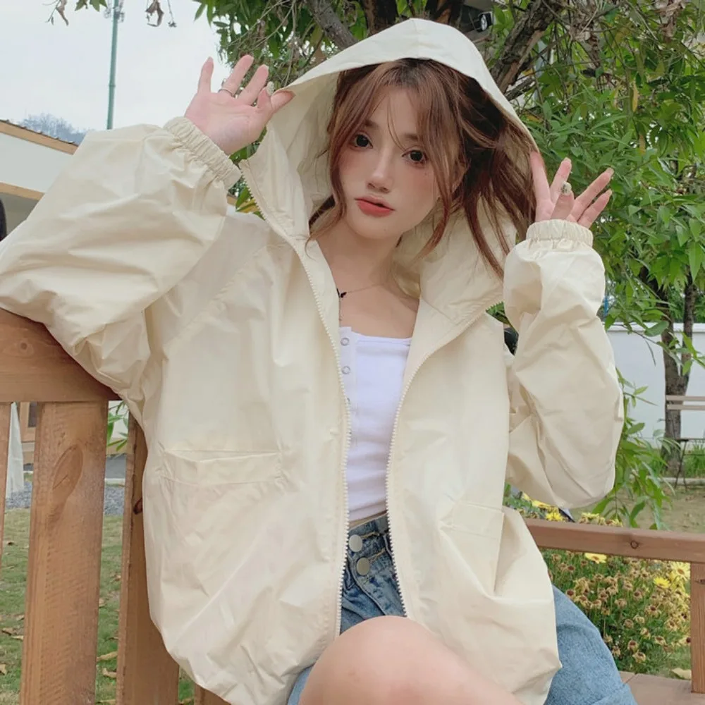 Casual Loose Sunscreen Coat Women Quick-Drying Solid Color Sun-Protective Tops Out Wear Windproof Hooded Jacket Spring Autumn