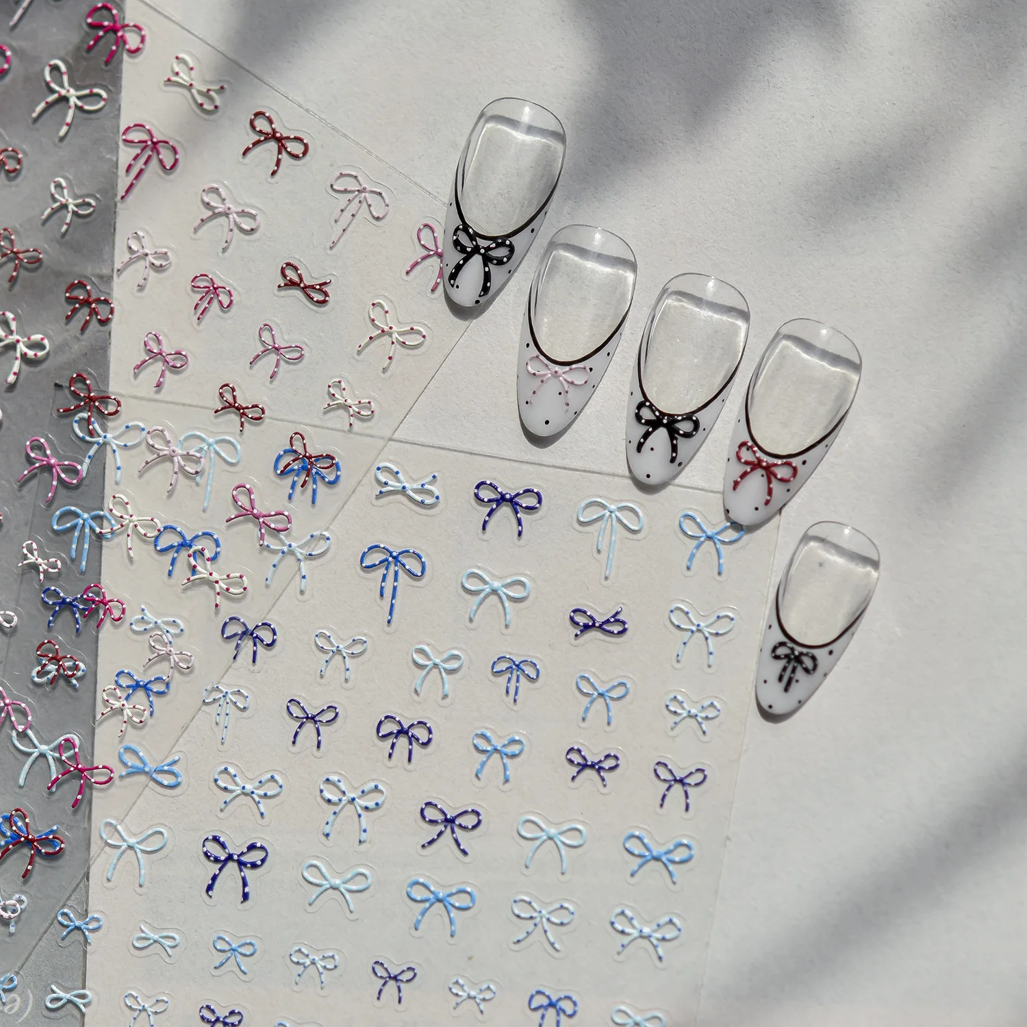 미니 릴리프 컬러 보우 네일 스티커 5D 컬러 폴카 도트 보우 패턴 셀프 접착 네일 아트 스티커 DIY 매니큐어용 데코레이션