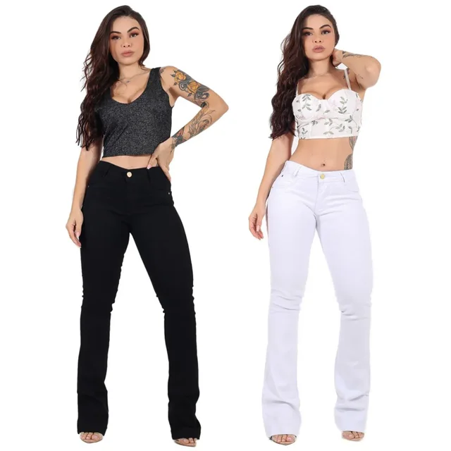 Kit 2 Calça Flare Feminina Jeans Com Licra Cintura Alta Preta e Branca 30