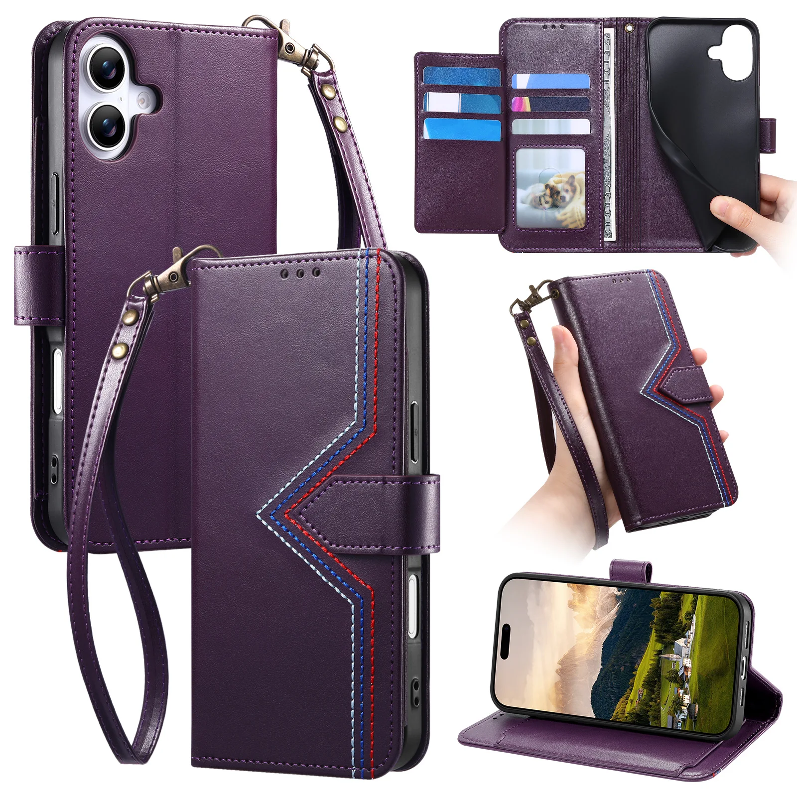 Elegant Leather Flip Wallet Case with Lanyard for Smartphones - Card Holder & Shockproof Design