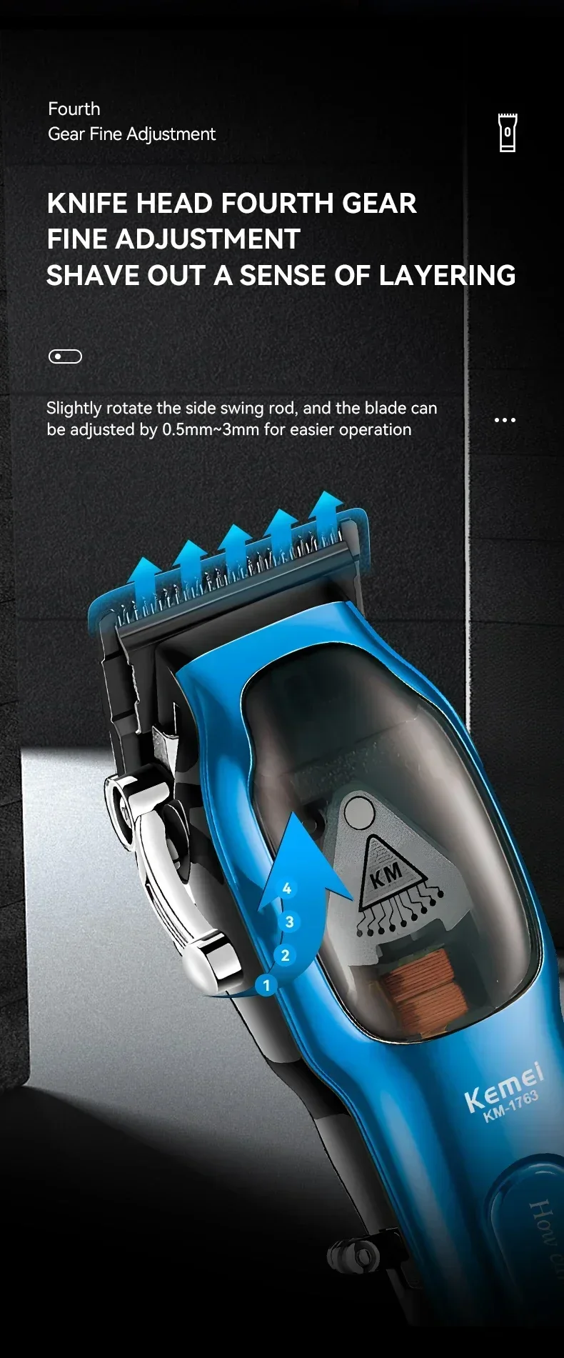 Description Picture 6 of itemKemei KM-1763 Professional Hair Clipper Adjustable Hair Trimmer For Men Barber Shop Electric Beard Haircut Machine Rechargeable