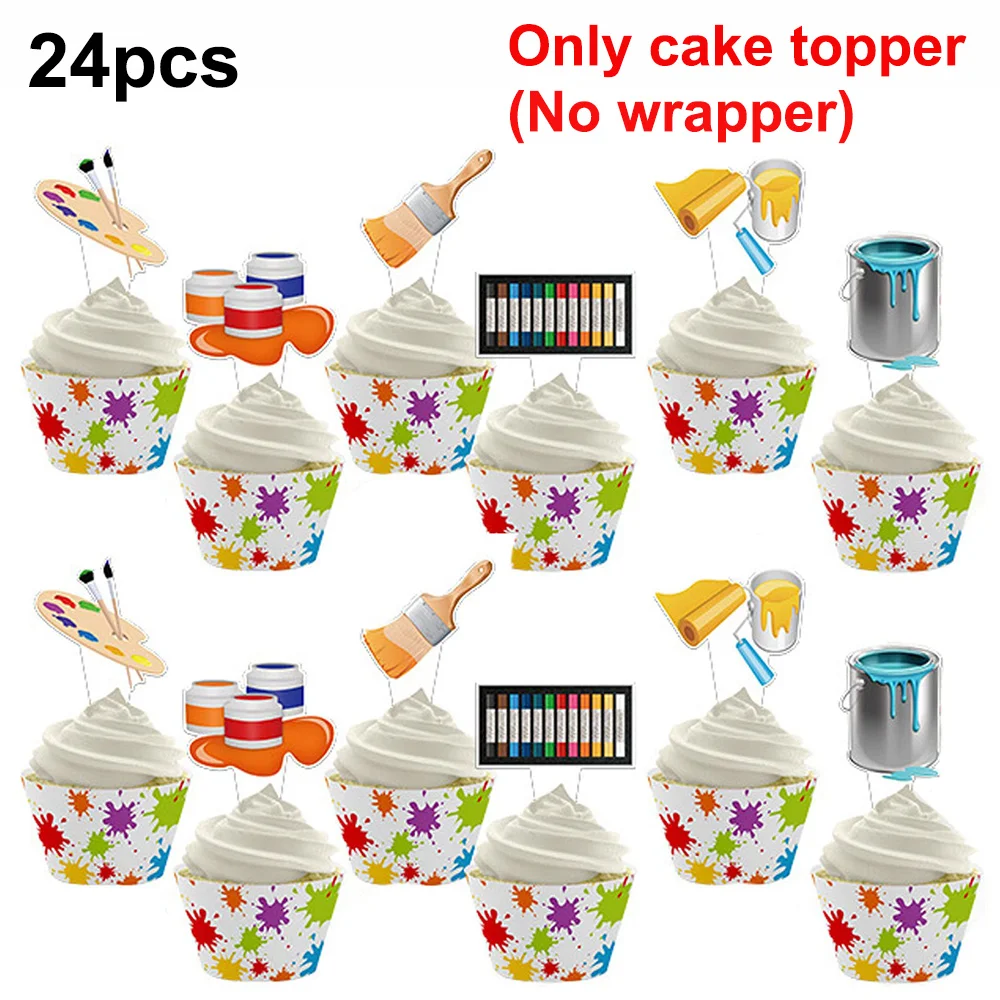 24 Pieces Art Paint Party Cupcake Toppers Paint Party Cake Decoration Artist Theme Birthday Baby Shower Supplies Back to School
