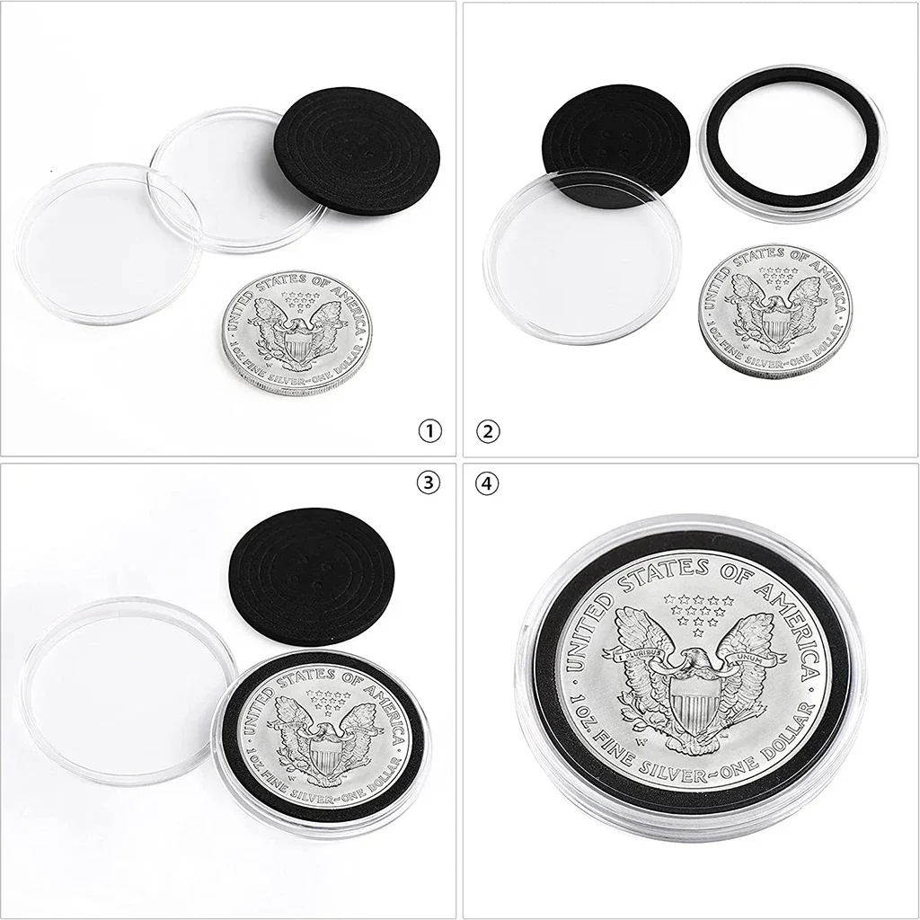 33PCS Clear Plastic Coin Capsule Case with Wooden Organizer Box and Black Gaskets for 16/20/25/27/30/35/40/46mm Coin Storage,wooden coin collection box