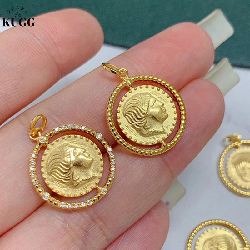 KUGG 18K Yellow Gold Necklace Real Natural Diamond Fashion Roman Portait Gold Coin Shape Party Jewelry for Lady INS Style Fine