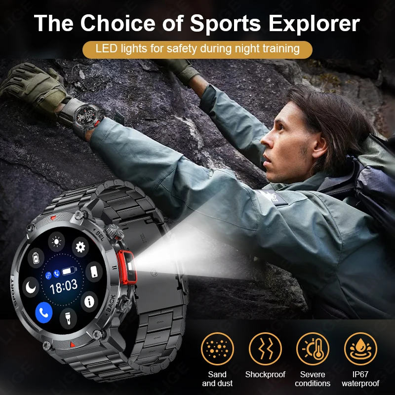 LIGE 2025 Smart Watch Men Outdoor Bluetooth Call Health Monitor Sports Fitness Steel Smartwatch LED Flashlight For IOS Android 6