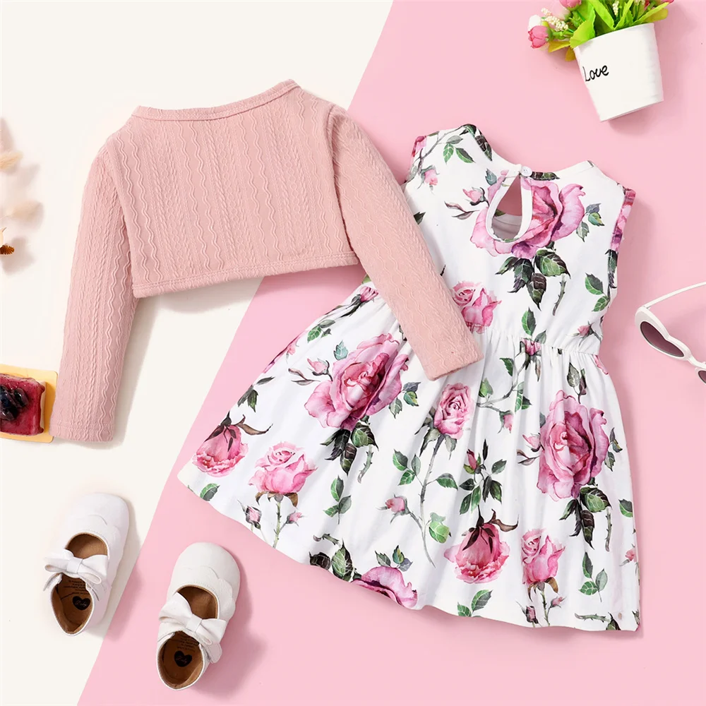 Toddler Baby Girl Dress Set 2PCS Plain Color Ribbed Overcoat + Floral Sleeveless Dress Fashion Lovely Style Party Wear kids clothes set two piece set baby girl clothing set