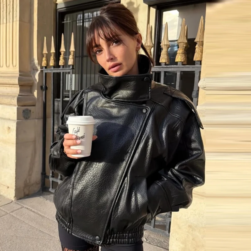 HXAO New Arrival Women's Bomber Jacket Leather Black
