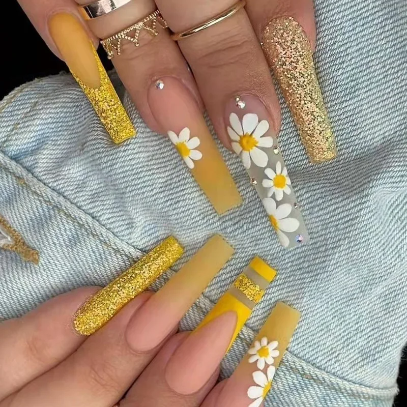 

24Pcs Glitter Ballet False Nails Long Coffin Fake Nails with Flower Design Gold Powder French Press on Nails DIY Manicure Tips