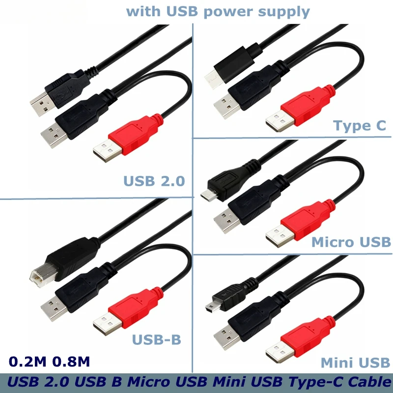 0,8 m do mobilnej drukarki z dyskiem twardym Kabel do transmisji danych typu Y Podwójna głowica USB-B USB 2.0 Micro Mini 5pin Typ-c Zewnętrzny zasilacz USB