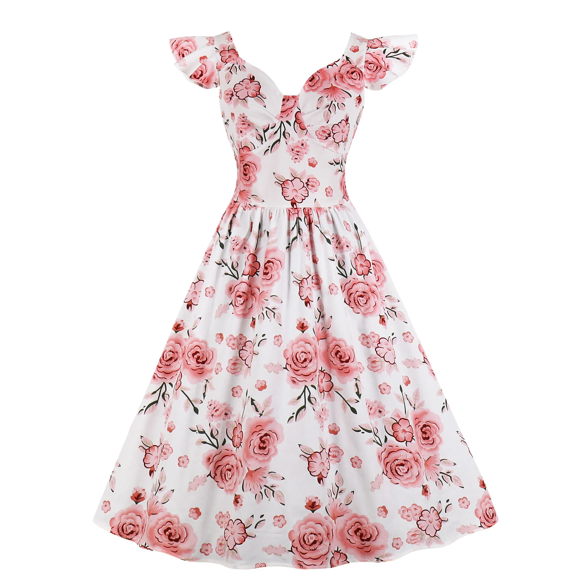

Vintage Floral Print Cotton Pleated Dress Ruffle Sleeve V Neck Wrap Waist Elegant Summer Dress 2024 Women Pin Up Party Dresses