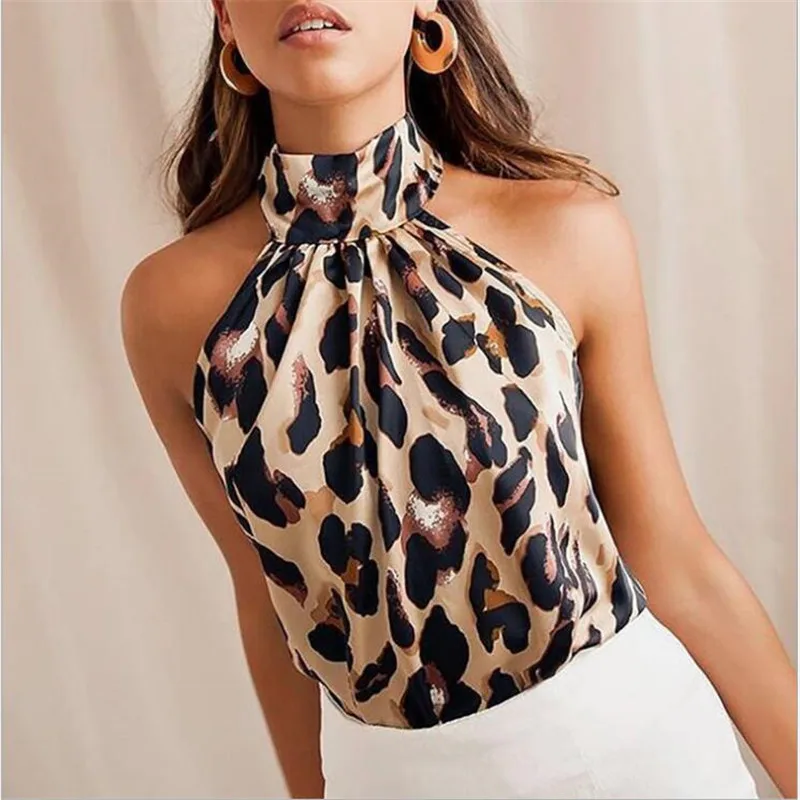 

Women Blouses Sexy Leopard Printed Halter Off Shoulder Crop Tank Top Sexy Backless Summer Ladies Vest Tank Tops Women's Camos