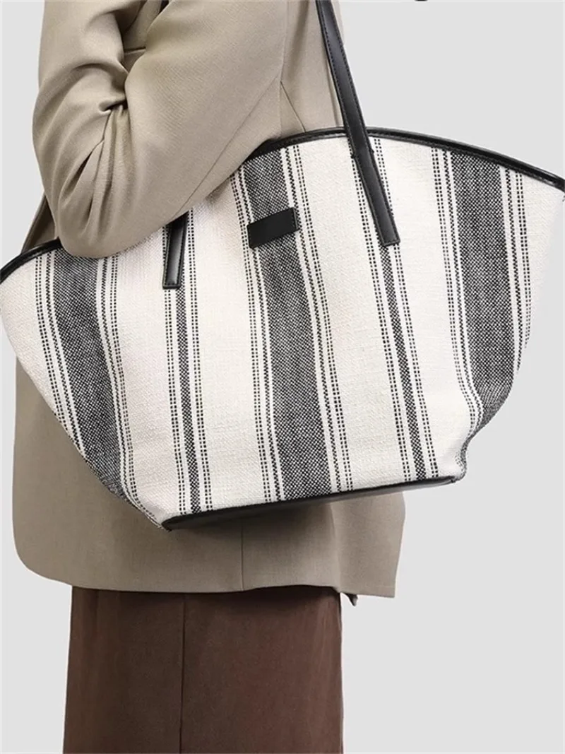 Striped Shoulder Bucket Bags For Women Contrast Color Canvas Fabric Large Capacity Shopper Totes 2024 Autumn New Handbags Female