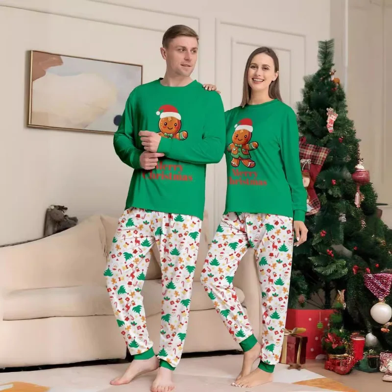 Cute Gingerbread Man Print Christmas Family Pajamas Set Father Mother Kids Girl Baby Top+pants Matching Outfits Xmas Sleepwear 2