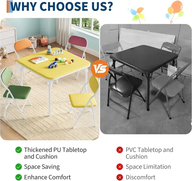5-Piece Kids Folding Table and Chairs Set, Toddlers Children's Activity Table and Chairs Set for Dining Room,Daycare,Classrooms