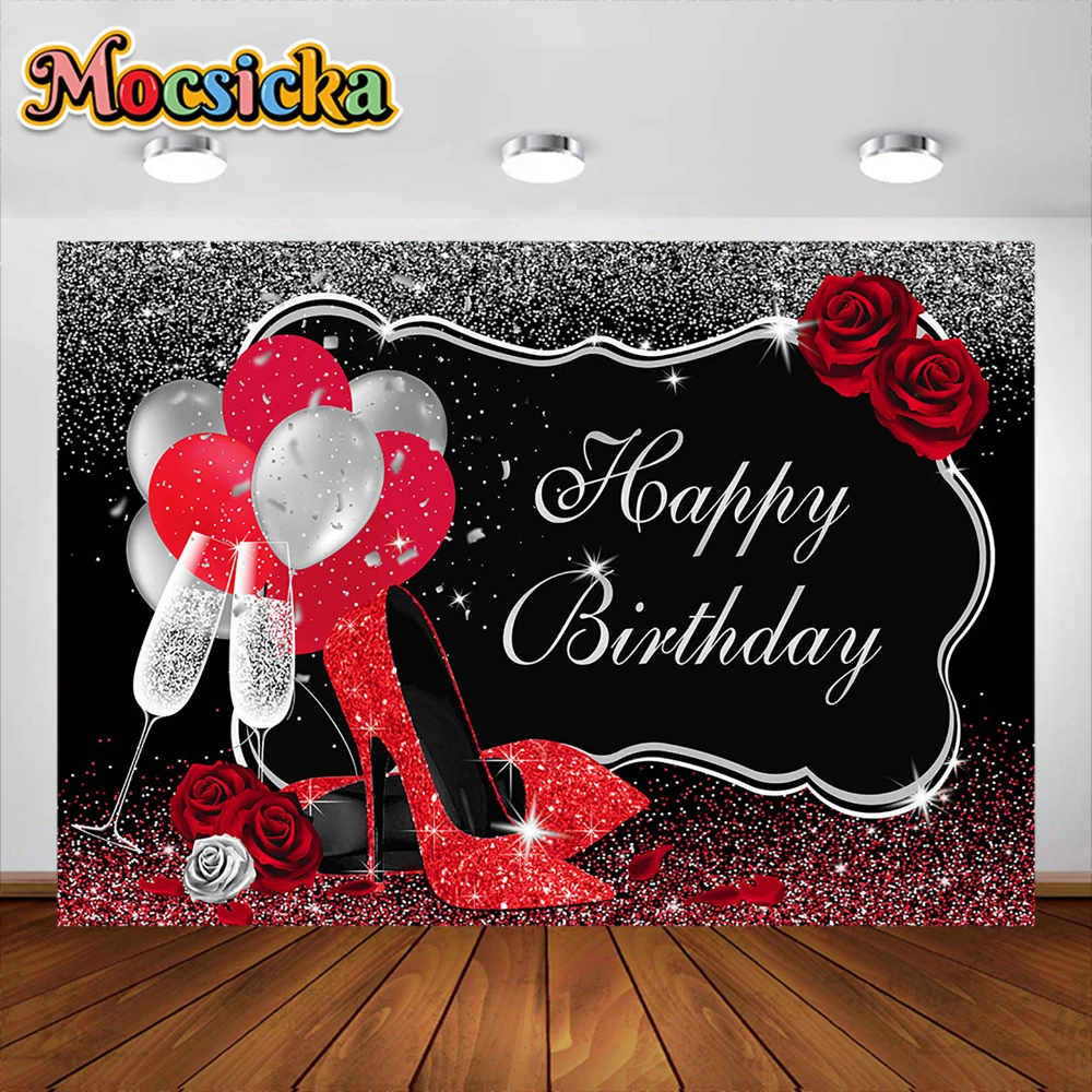 Pink Rose Birthday Backdrop Shiny Glitter High Heels Champagne Adults Women Birthday Decor Photo Booth Background Custom photo backdrop photo wallpaper