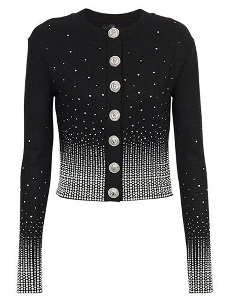 

HIGH STREET Newest 2024 Fall Winter Fashion Designer Jacket Women's Lion Buttons Rhinestone Diamonds Embellished Knit Cardigan