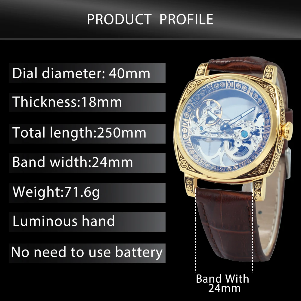 Fashion Square Skeleton Men Watch Vintage Gold Automatic Mechanical Watches Luxury Genuine Leather Band Carved Movement Luminous