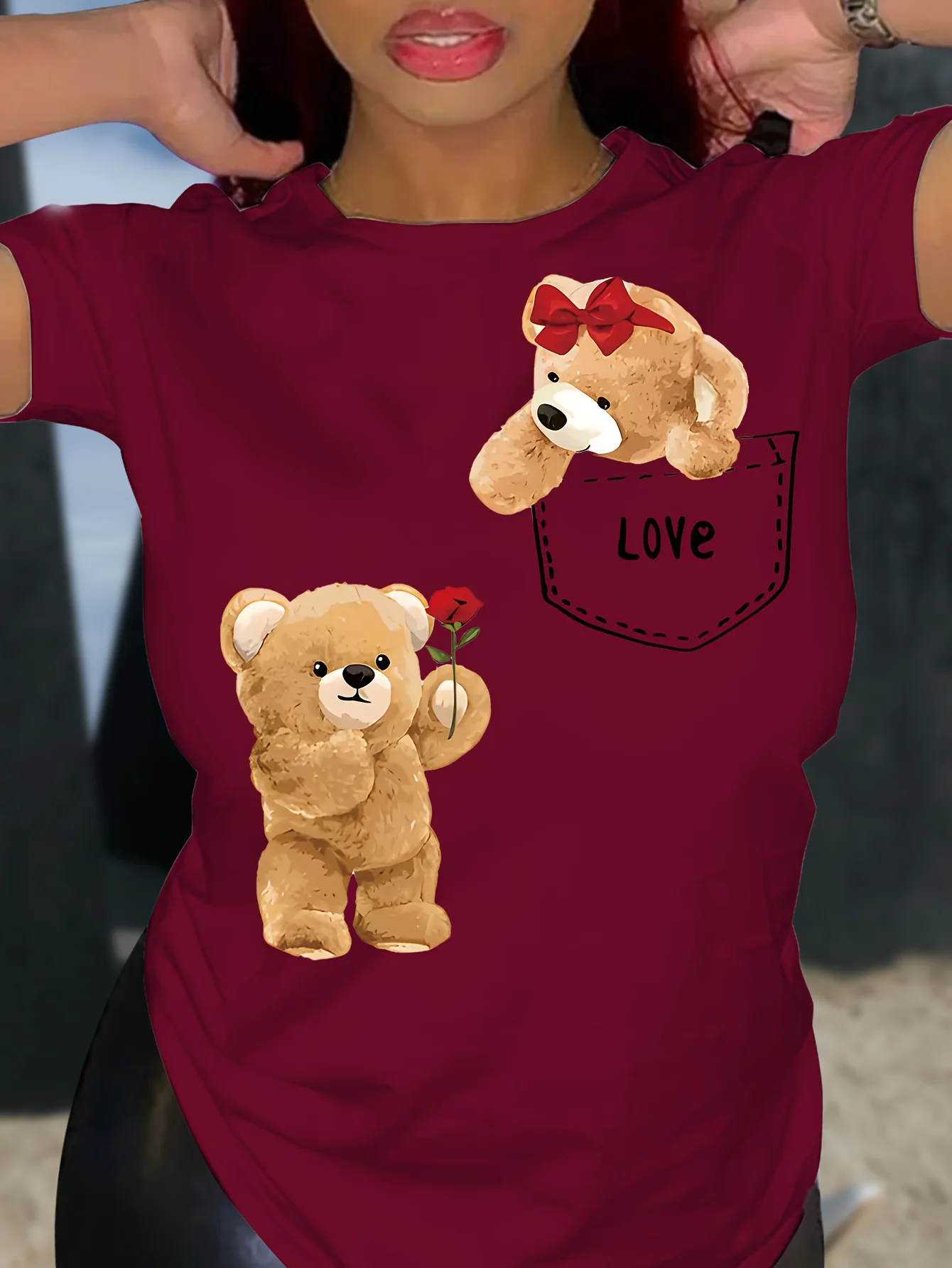 Cute Bear Print T-shirt Short Sleeve Crew Neck Casual Top
