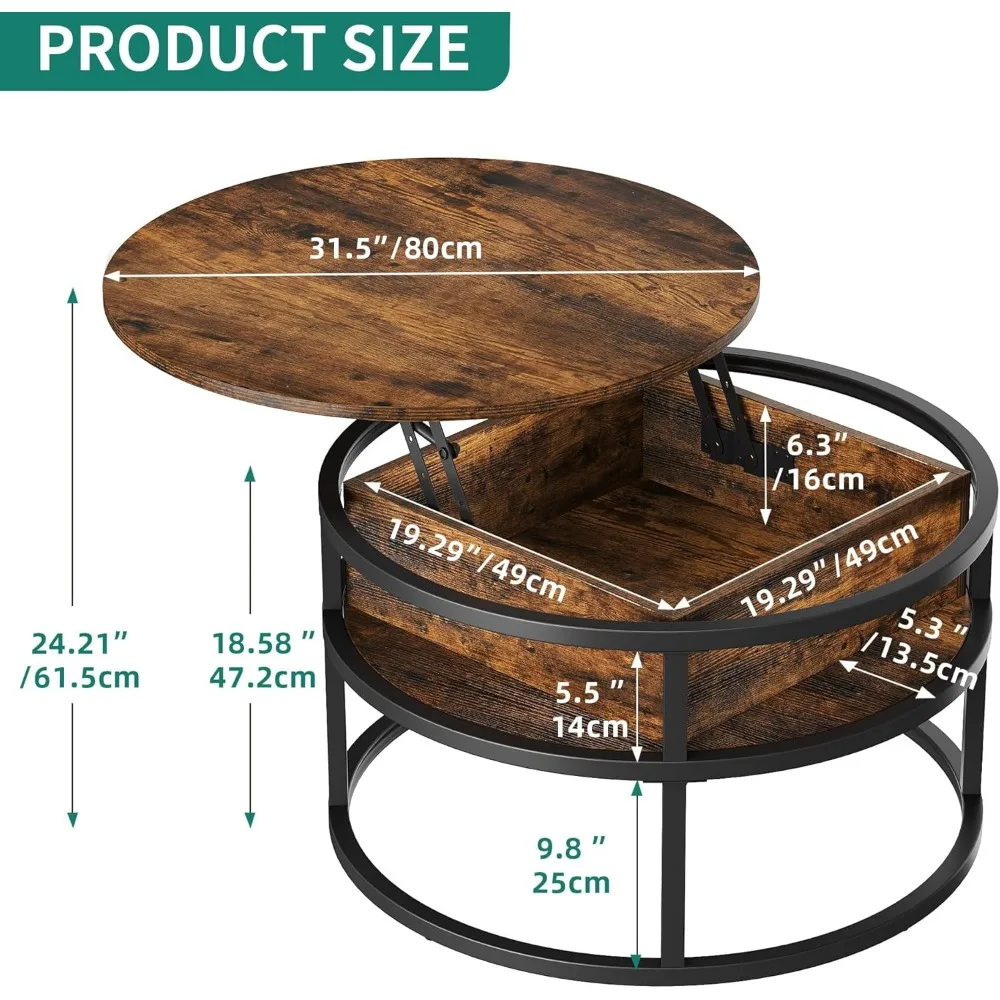 Round living room coffee table, Lift coffee table with storage, Wooden table with hidden storage compartment