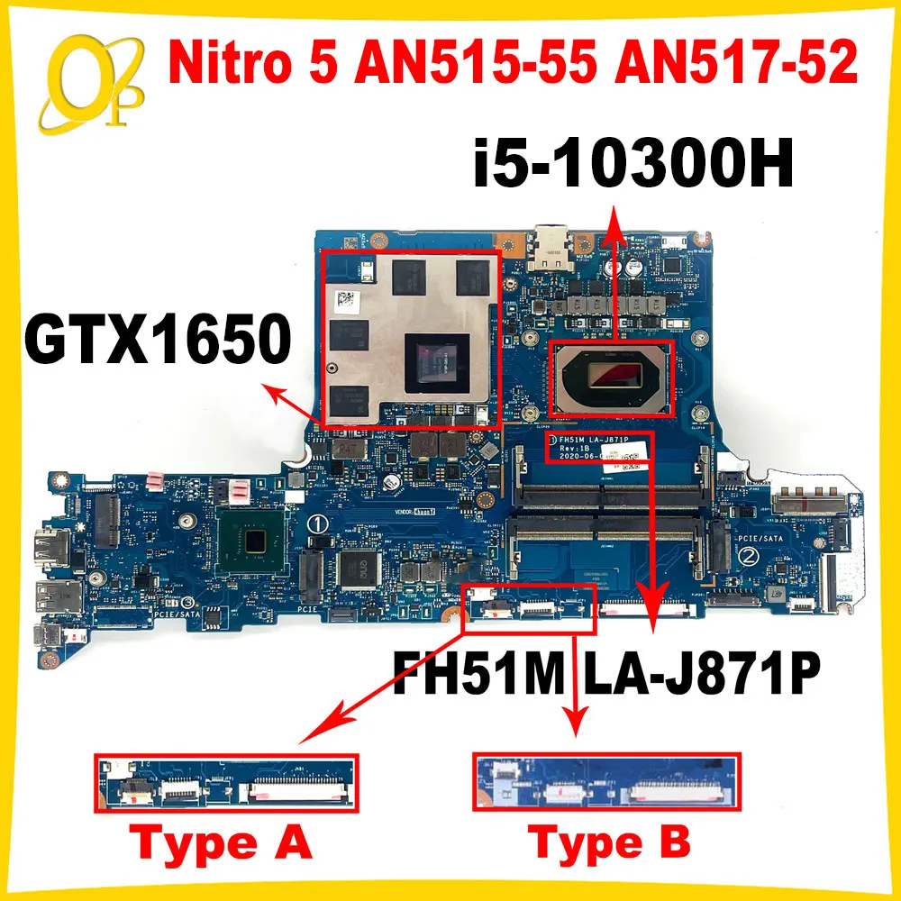 

FH51M LA-J871P Mainboard for Acer Nitro 5 AN515-55 AN517-52 Laptop Mainboard with i5-10300H CPU GTX1650 4GB GPU DDR4 Tested