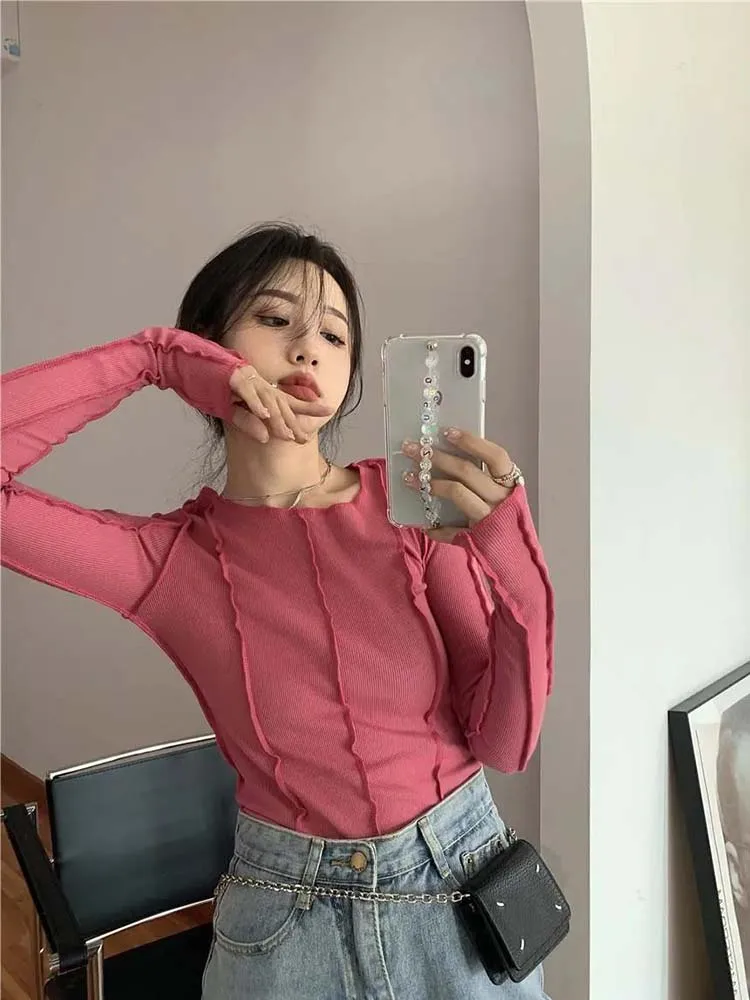 Long Sleeve T-shirts Women Spring Solid O-Neck Elegant Bright Line Decoration Slim Casual Soft High Quality Ladies Clothing Tees - Image 5