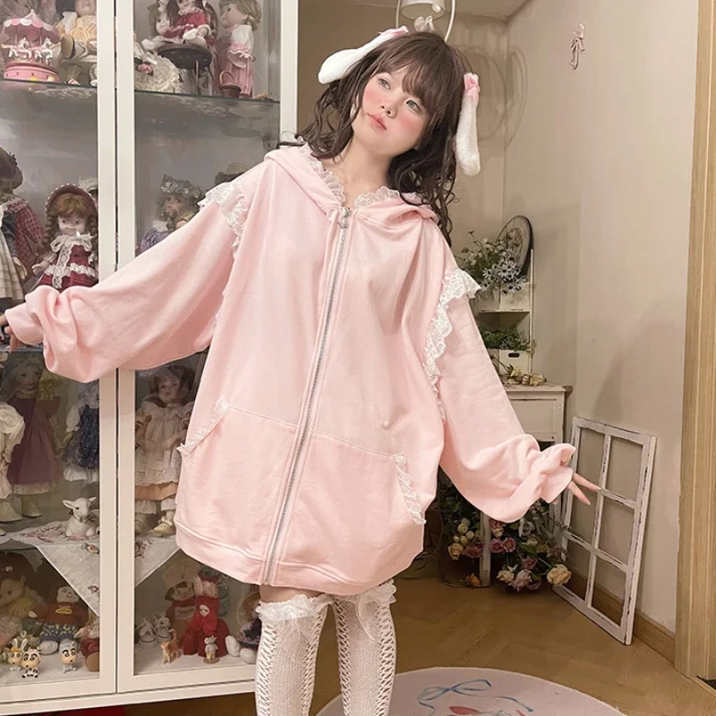 여아용 귀여운 토끼 귀 후드 레이스 핑크, 귀여운 학생 후드티, 루즈 라지 사이즈 가디건, 대학 가을 신상 패션