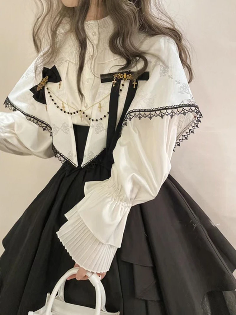 Japanese Victorian Gothic Lolita Skirts Women Two-piece Set Vintage Lantern Sleeve Shirt Organ Petticoats Belted Pleated Skirt