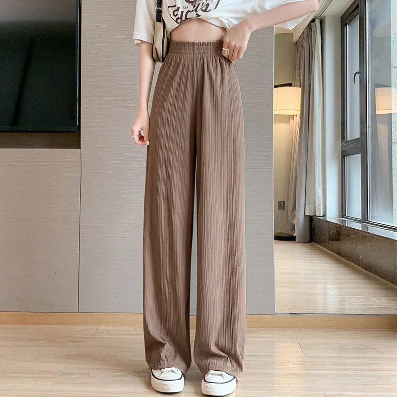 Ice Silk Wide Legs Women's 2024 Summer Spliced Elasticized Screw Thread Pocket Fashion Solid Color Loose Casual Straight Pants