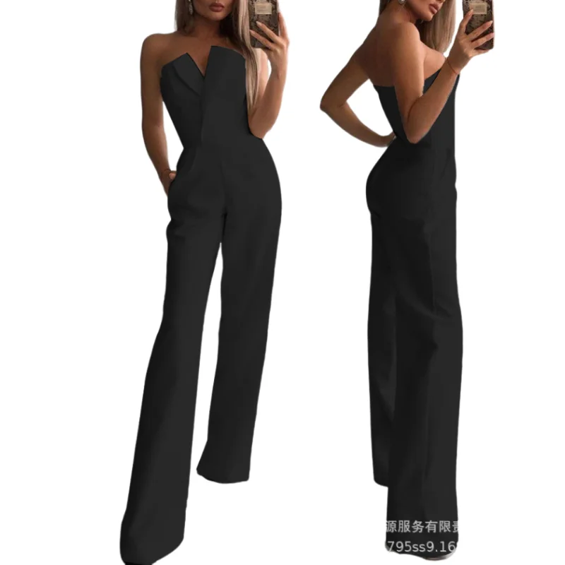 2023 Spring Summer Deep V-Neck Sexy Glitter Contrast Mesh Straight Leg Jumpsuit Spring Straight Leg Pocket Detail Jumpsuit