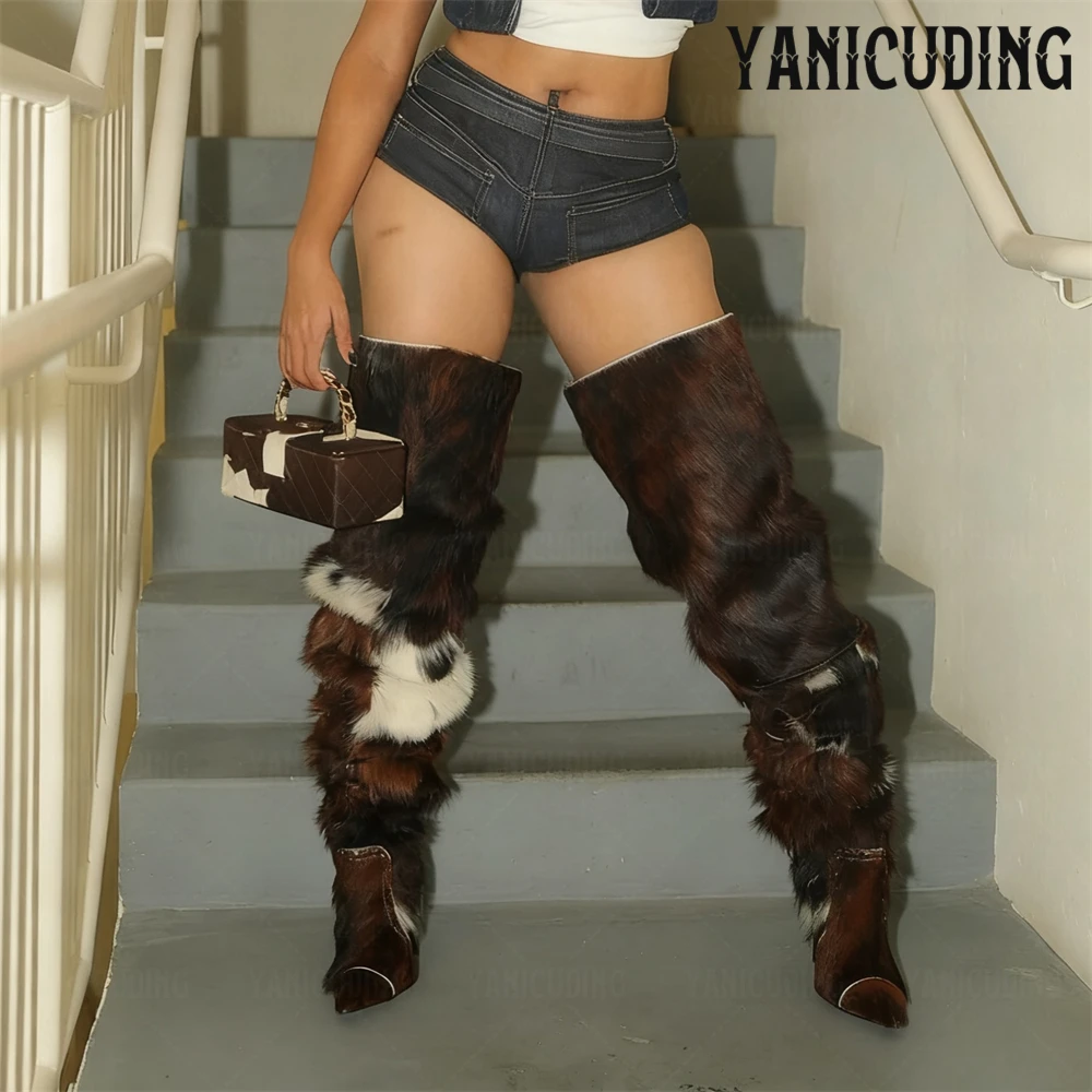 Cowhide Furry Thigh High Boot Fashionable Black Rivet over the Knee Boots Designer Style Pointed Toe Stiletto Boots for Women - Image 2