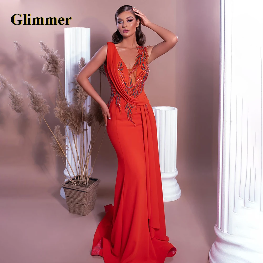 

Glimmer Trendy V Neck Celebrity Dresses Beading Mermaid Satin Sleeveless Pleat Sweep Train Vestido De Formatura Made To Order