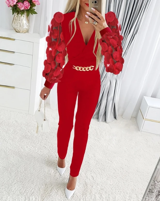 Women Jumpsuit Floral Pattern Sheer Mesh Patch Chain Decor Jumpsuit 2024 Early Spring Latest Casual V-Neck Skinny Daily Jumpsuit