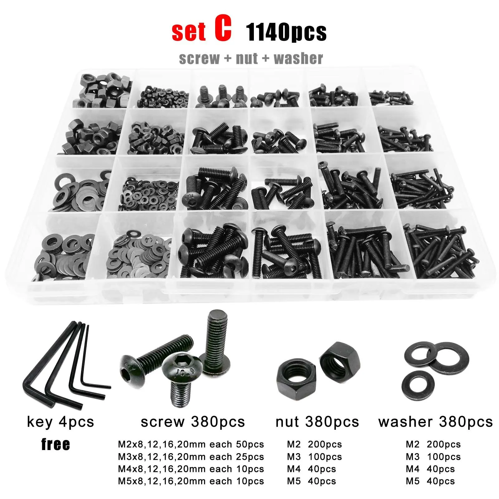 625/1140/2100pcs Hex Hexagon Socket Button Round Head Screw Bolt Nut Set Kit Box M1.6 M2 M2.5 M3 M4 M5 Black Grade 10.9 Steel