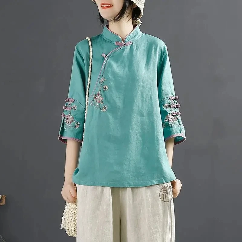 

2024 Spring Summer New Chinese Style Retro Cotton Linen Shirt Women's Stand Collar Embroidered Blouse Female Shirts Vintage Tops