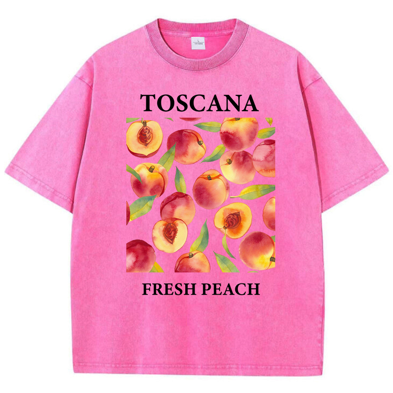 Toscana Fresh Peach Fruits Print Womens Washed T Shirts Cotton Hip Hop T-Shirts Casual Y2K Sportswear Summer Oversize Clothes