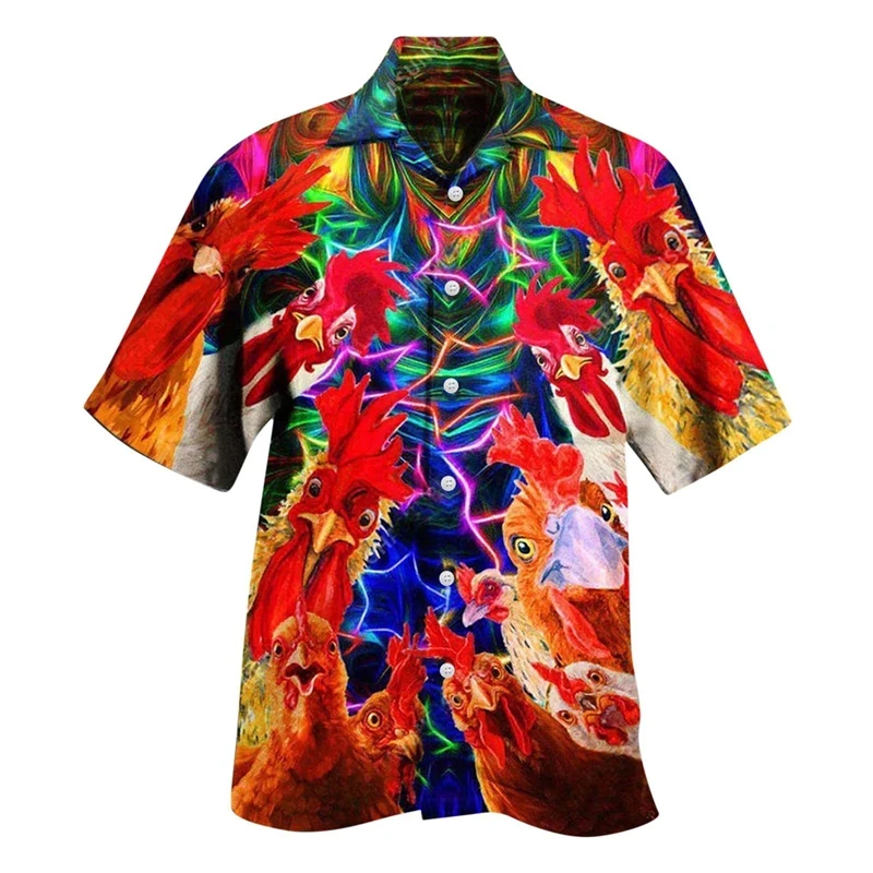 Camisa de pollo divertida con estampado 3D para hombre, camisa de manga corta con solapa, cómoda, informal, para fiesta en la playa, ropa de calle, camisas de talla grande para hombre