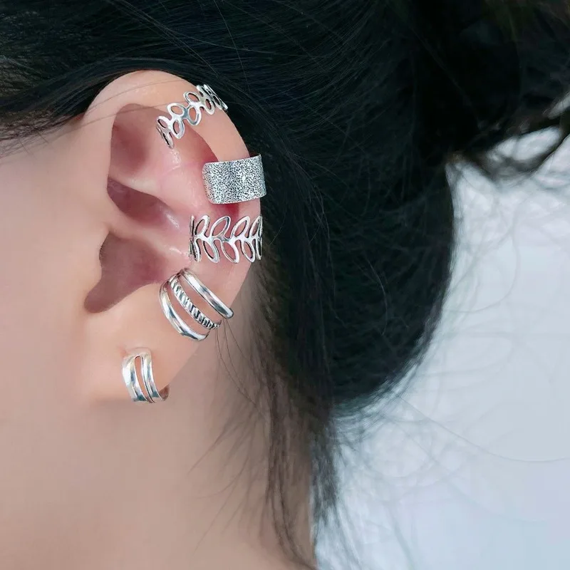 Silver Color Leaves Clip Earrings 5pcs for Women Men Creative Simple C Ear Cuff Non-Piercing Ear Clip Set Trend Jewelry Gift clip earrings